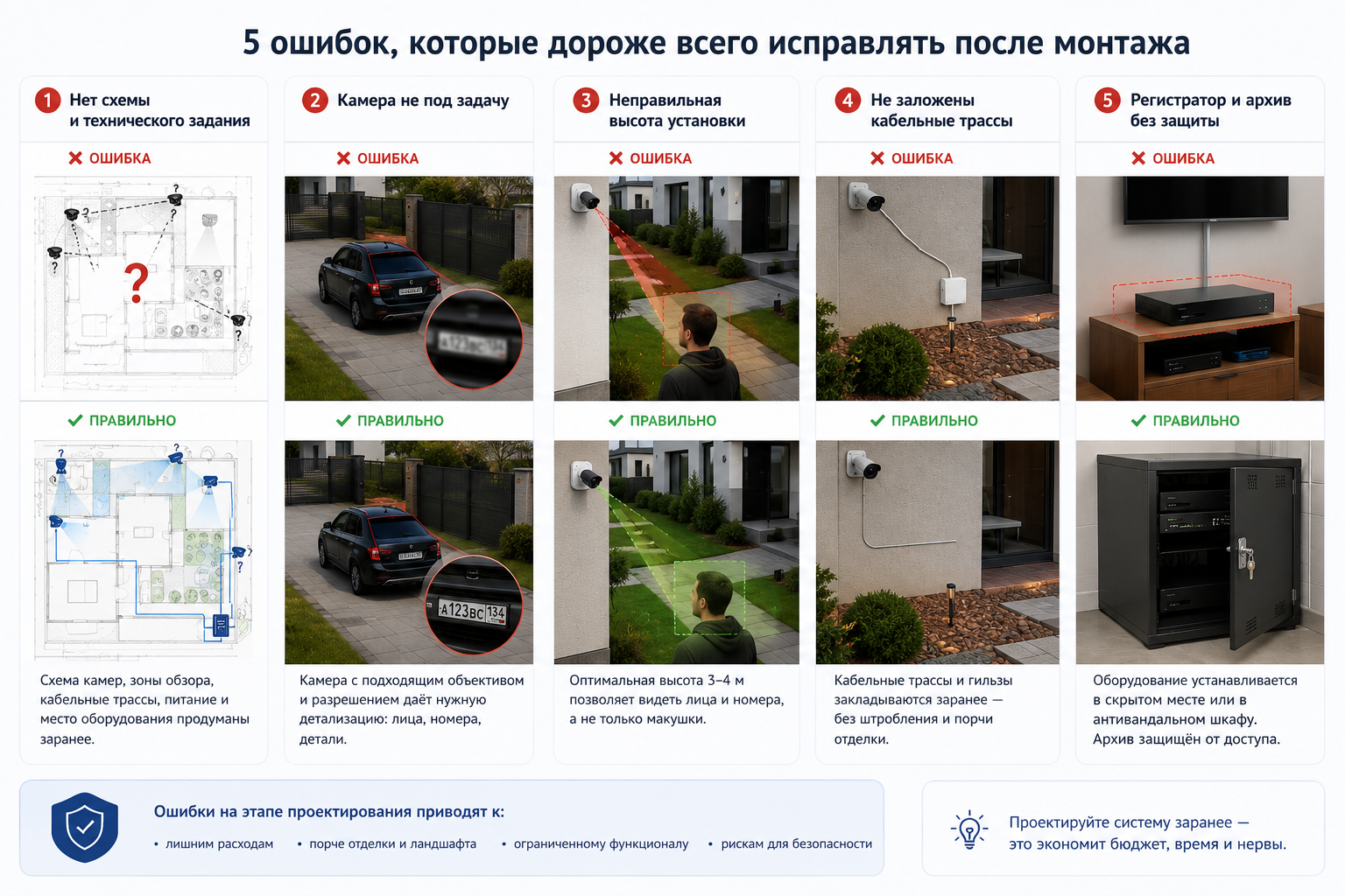 5 самых дорогих ошибок при монтаже видеонаблюдения для дома: схема, выбор камеры, высота установки, кабельные трассы, защита архива
