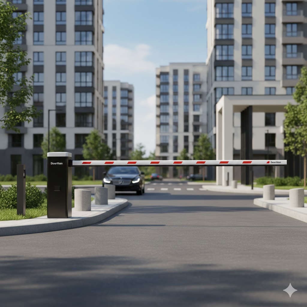 Установленный автоматический шлагбаум DoorHan BARRIER-PRO на въезде в жилой комплекс Волгоград