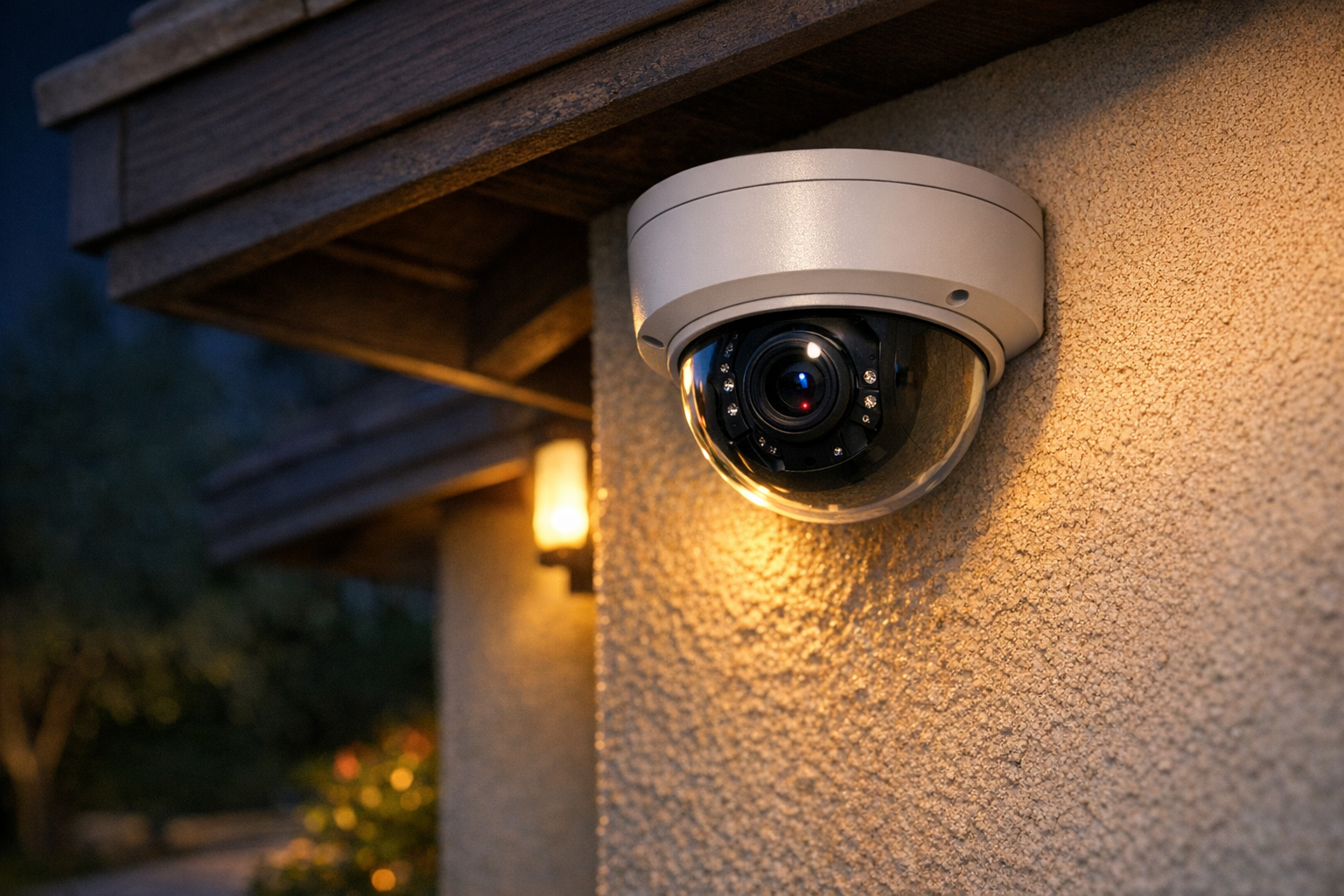IP-камера с цветным ночным видением на стене дома в сумерках IP-камера с цветным ночным видением на стене дома в сумерках