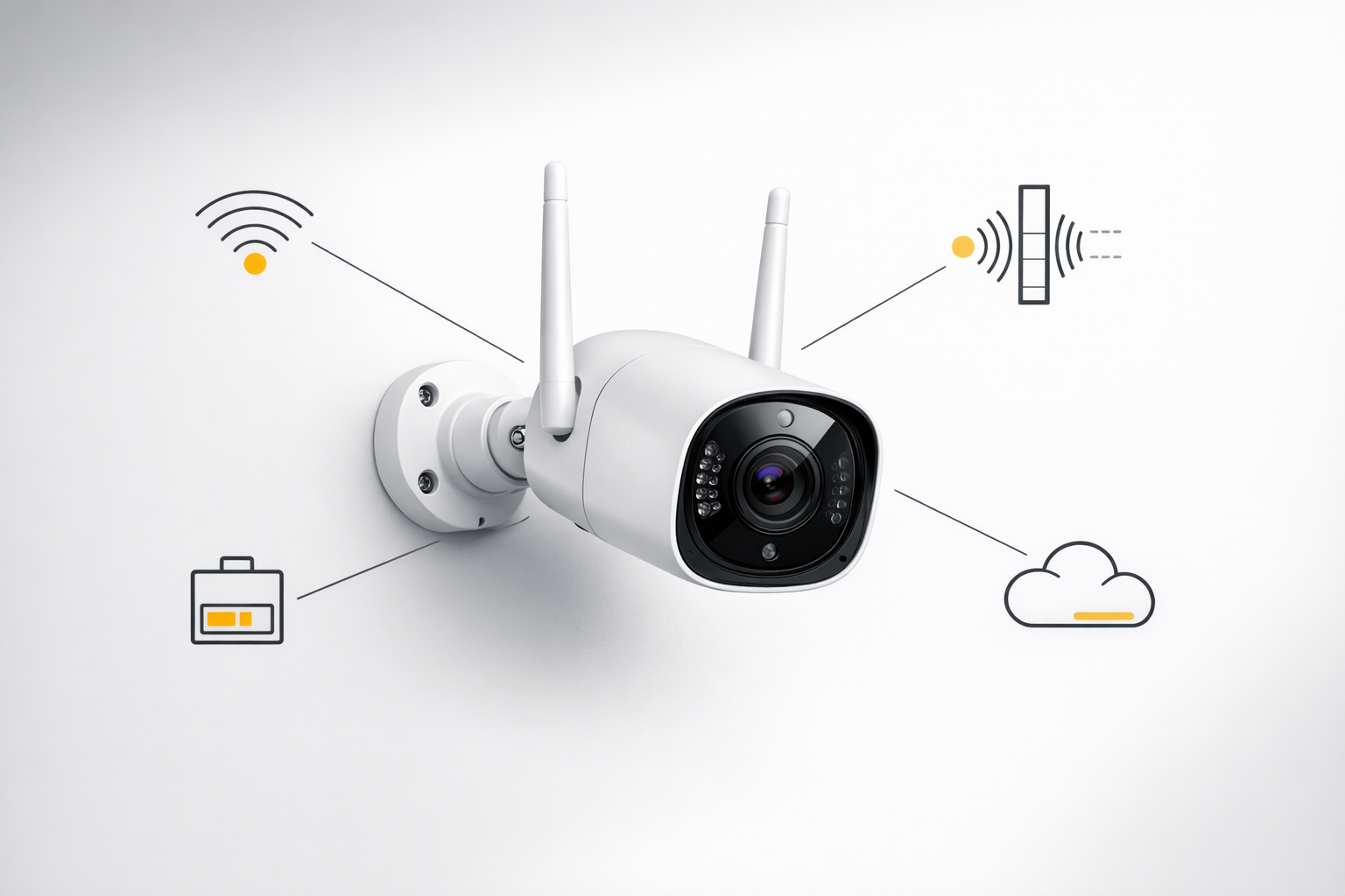 Wi-Fi-камера с выносками: сигнал, ослабление через стену, батарея, облако Wi-Fi-камера с выносками: сигнал, ослабление через стену, батарея, облако