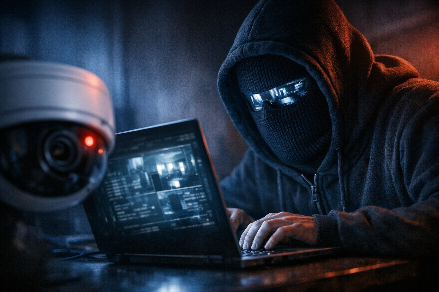 Хакер в маске за ноутбуком пытается получить доступ к IP-камере Хакер в маске за ноутбуком пытается получить доступ к IP-камере