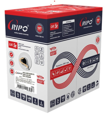 Кабель витая пара Ripo Standart UTP 4 нг-LSZH CAT5E 24AWG U/UTP-5e нг (А)-HF 4*2*0.5 Cu , 305м